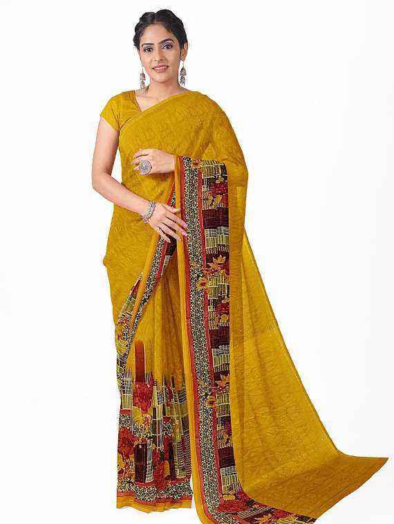 women's printed yellow colored saree with blouse