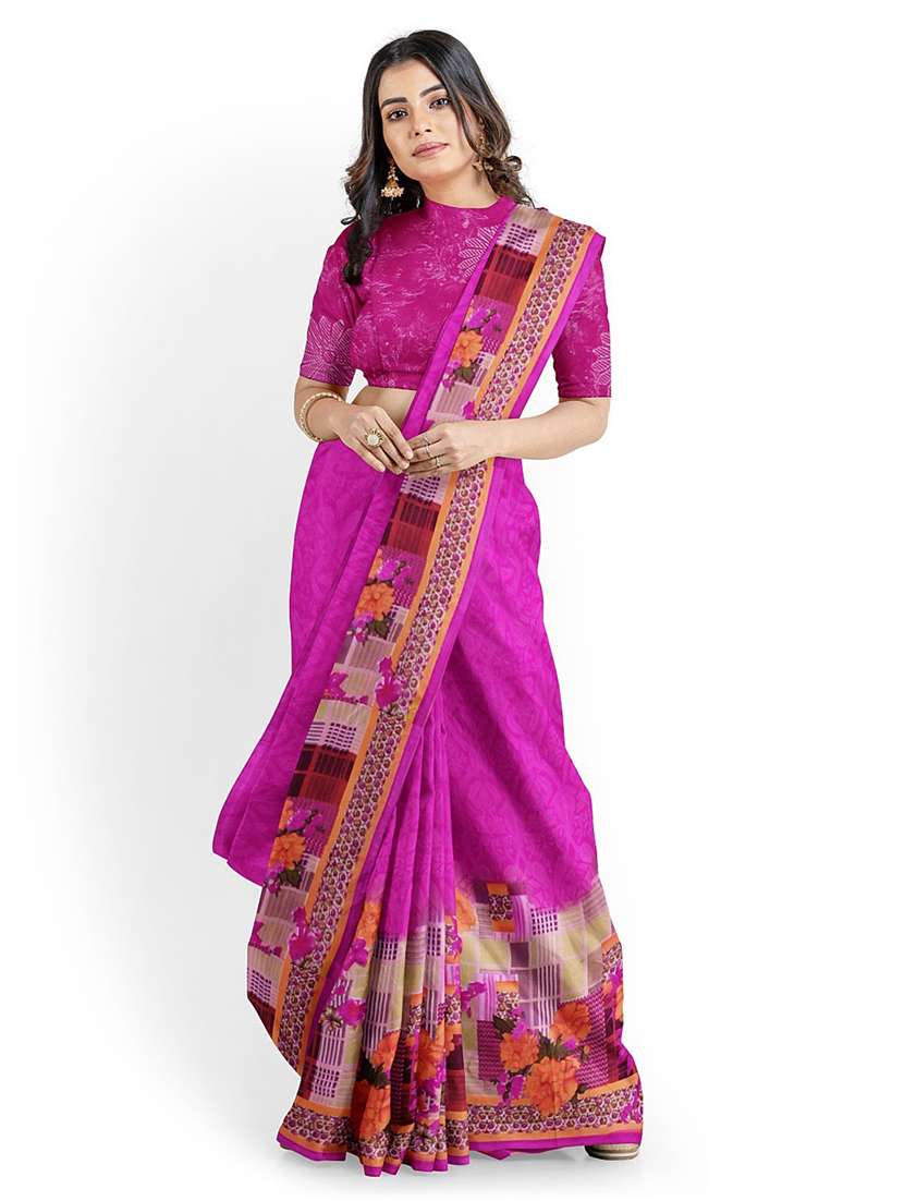 women's printed pink colored saree with blouse
