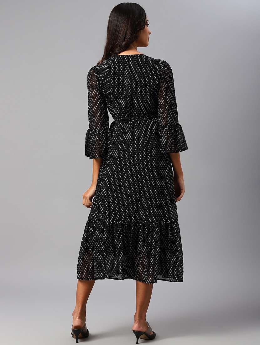 Women Black Printed Bell Sleeve Wrap Dress