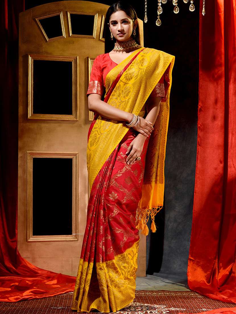 women's self design red colored saree with blouse