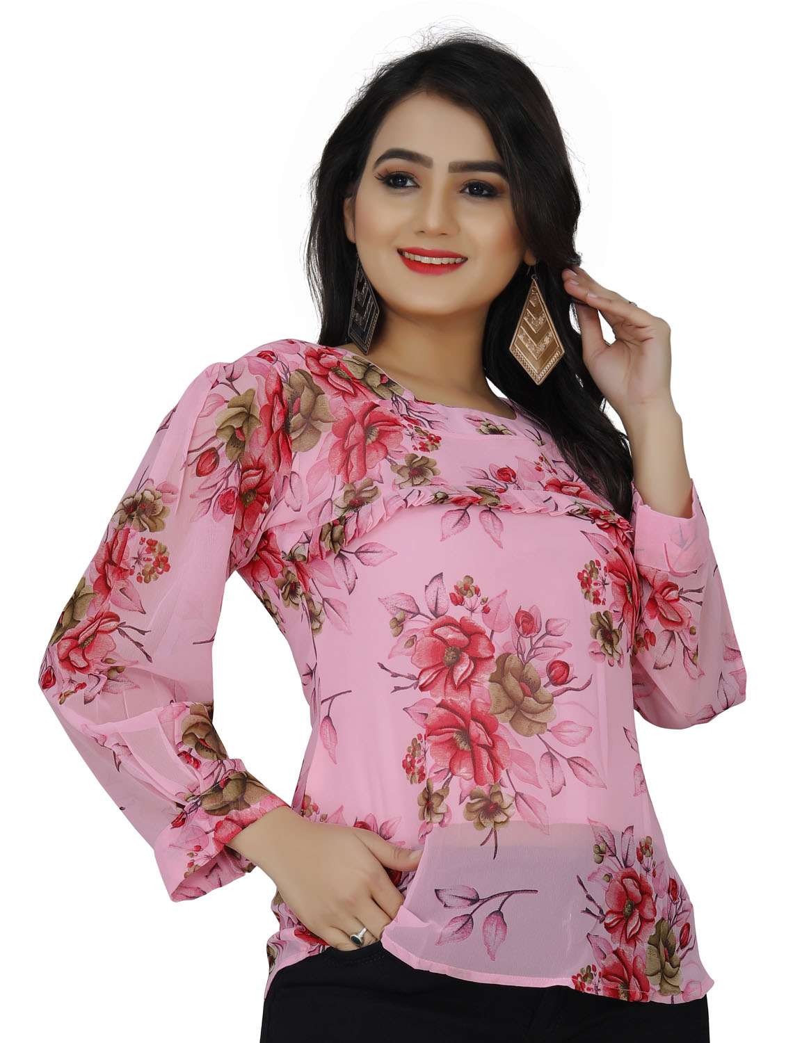 round neck floral top - 18499550 - Standard Image - 2