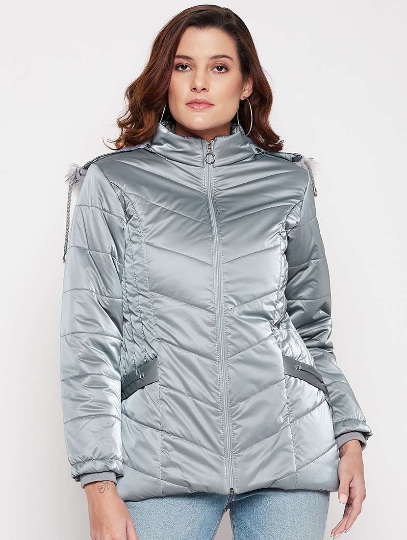 women solid long sleeve quilted jacket 