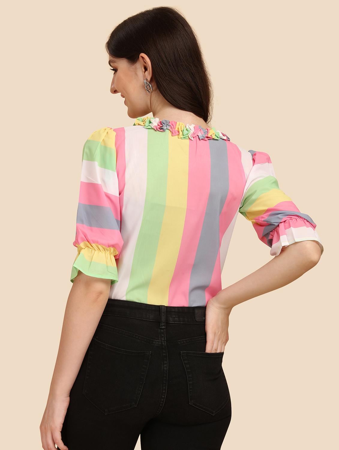 striped ruffle neck regular top - 18500186 - Standard Image - 2