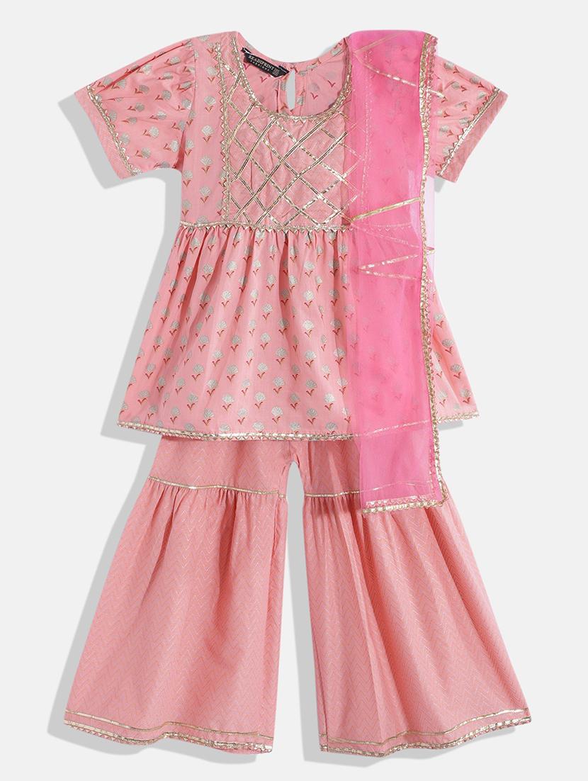 girls pink floral kurta sharara set 