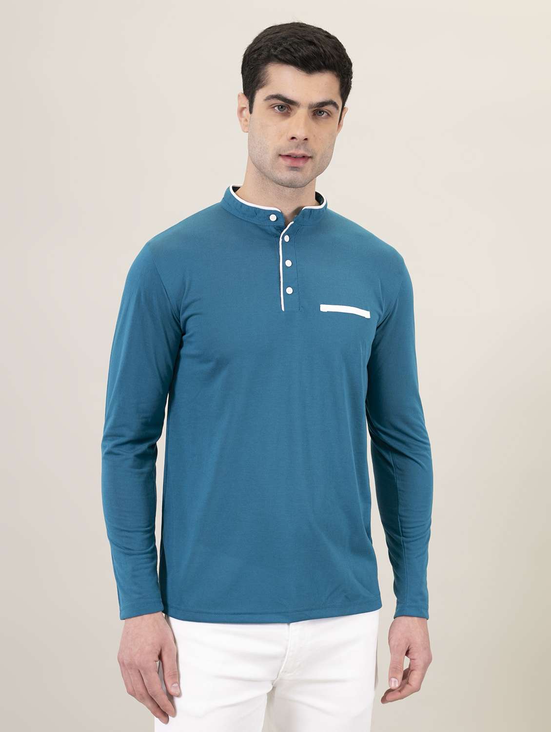 mandarin neck contrast piping solid t-shirt