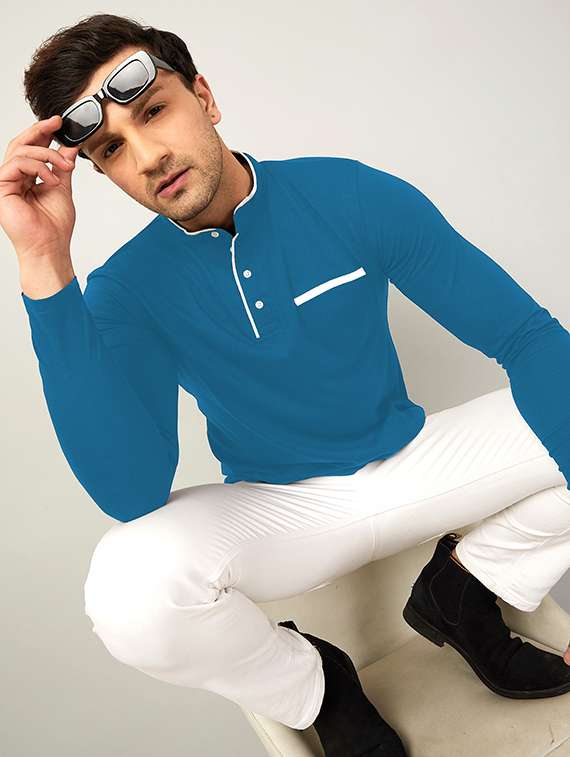 mandarin neck contrast piping solid t-shirt