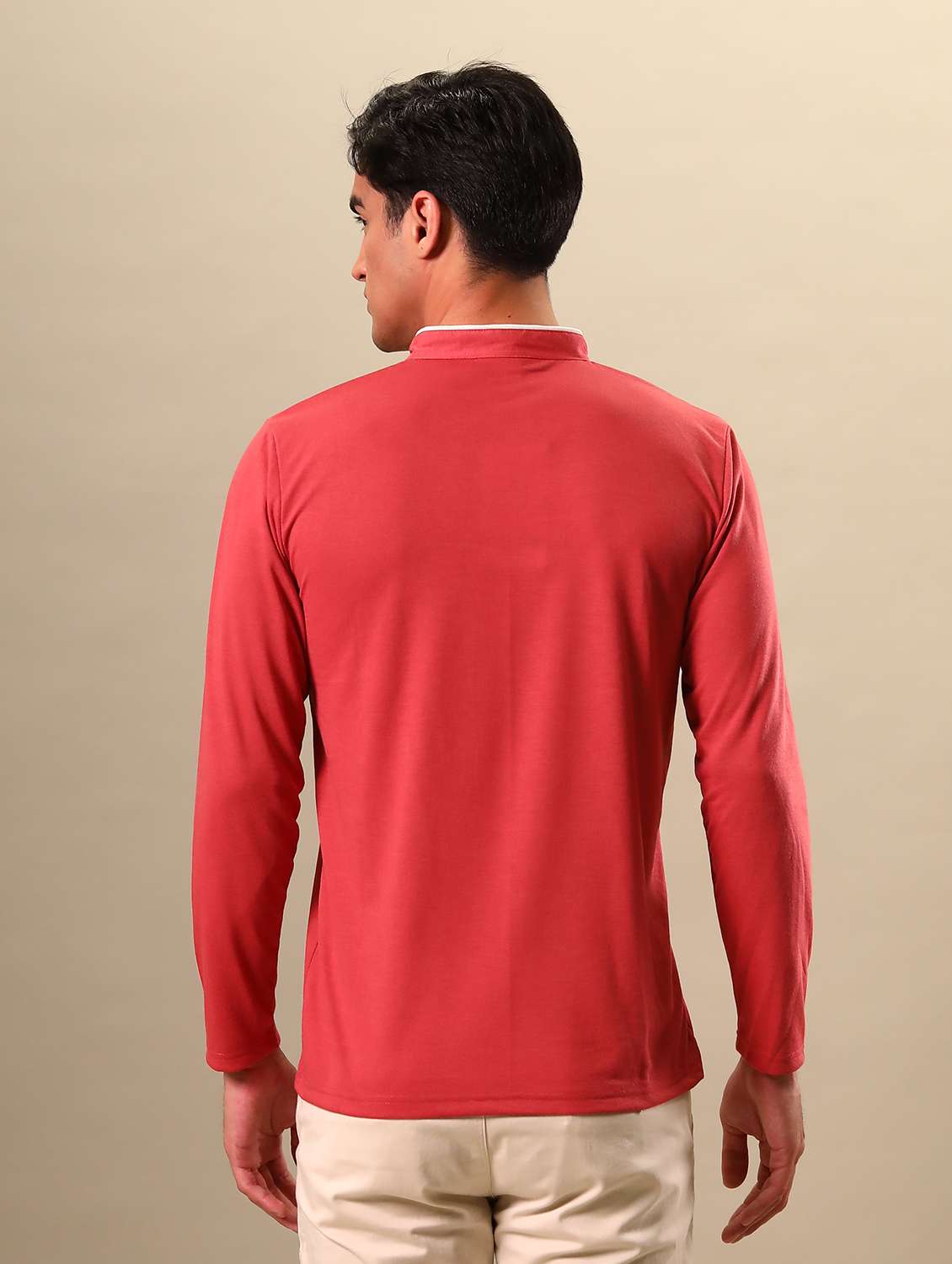 pink mandarin neck contrast piping solid t-shirt - 18507578 -  Standard Image - 2
