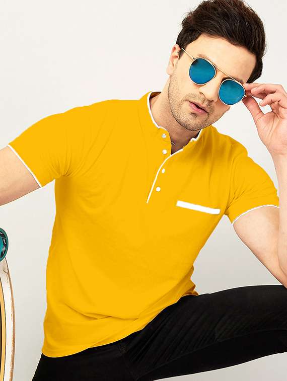 men yellow slim fit contrast piping solid t-shirt