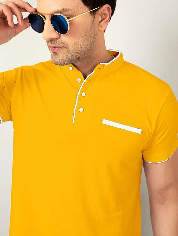 men yellow slim fit contrast piping solid t-shirt - 18507583 -  Standard Image - 2