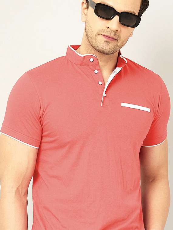 mandarin neck contrast piping solid t-shirt - 18507585 -  Standard Image - 2
