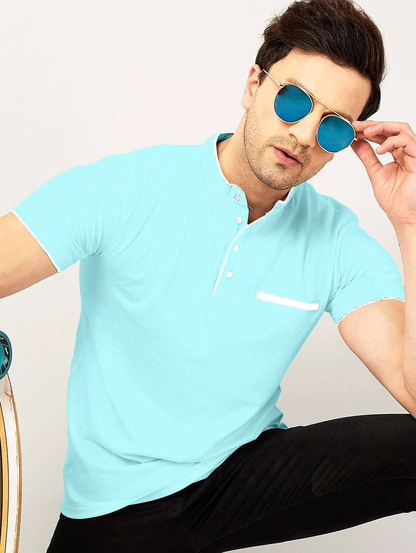 men turquoise regulal fit mandarin neck solid t-shirt