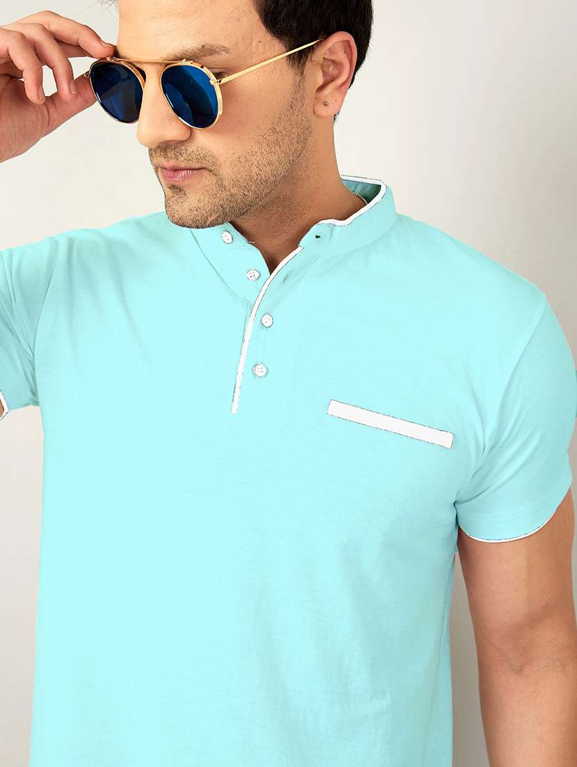 men turquoise regulal fit mandarin neck solid t-shirt - 18507587 -  Standard Image - 2