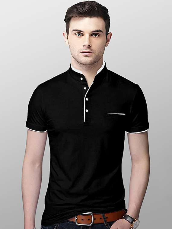 men black slim fit mandarin plain neck t-shirt