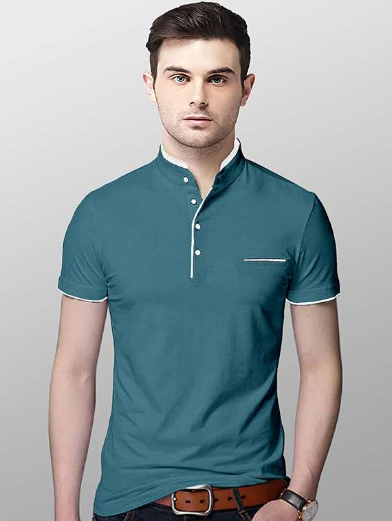 mandarin neck contrast piping solid t-shirt