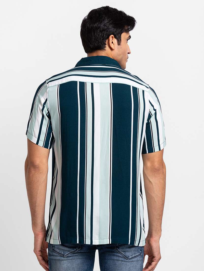 globus men teal & white stripes cuban collar short sleeves casual shirt - 18507794 -  Standard Image - 2