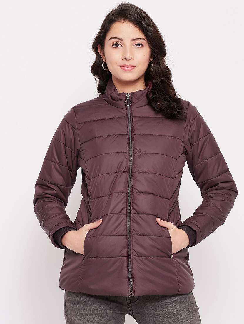 women solid long sleeve quilted jacket 