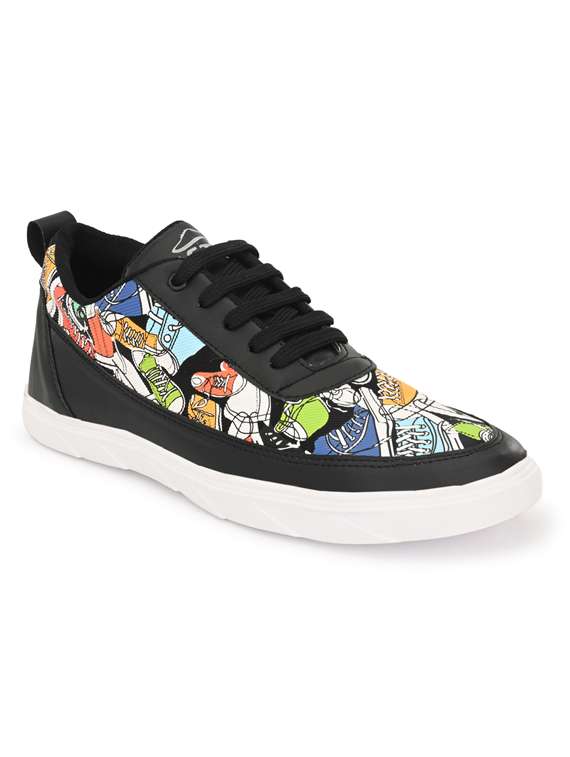 black synthetic lace up sneakers