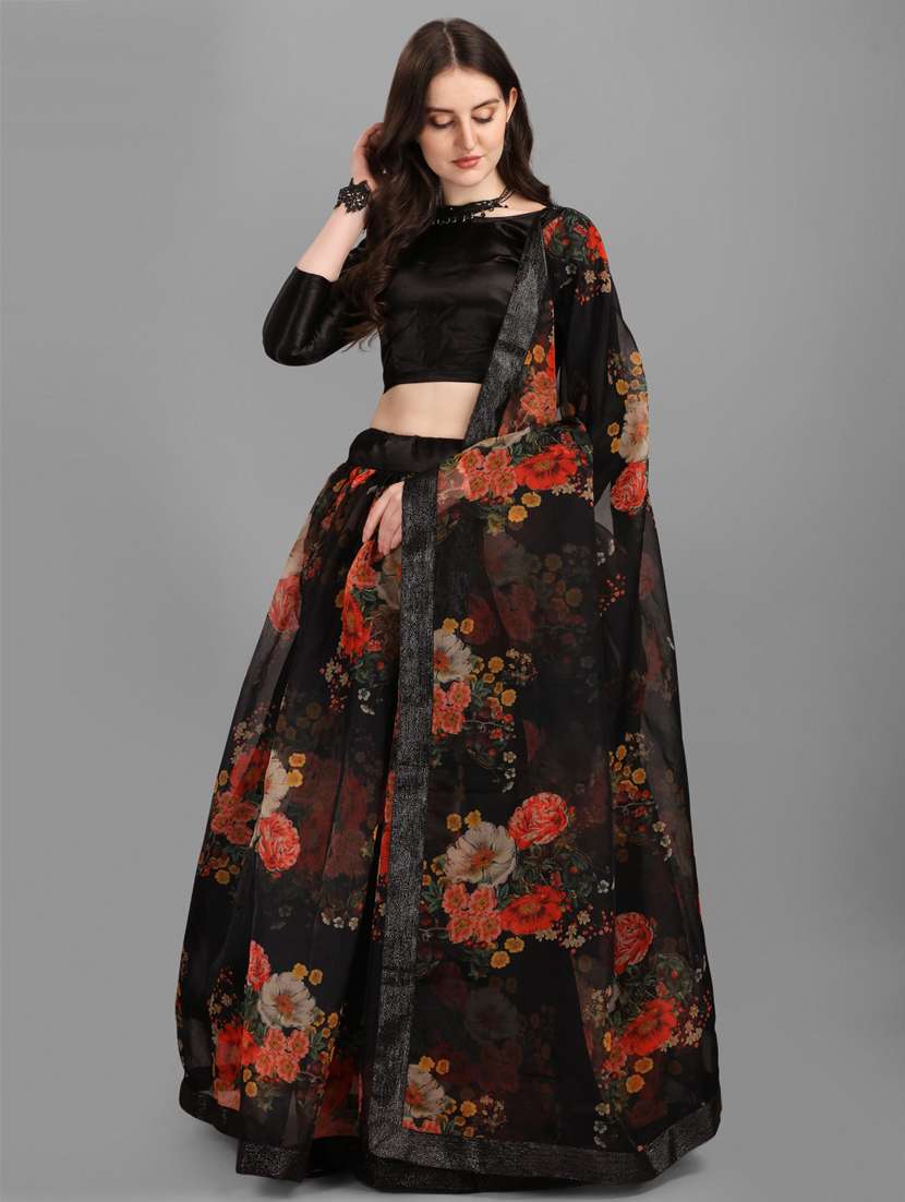 black floral semi-stitched lehenga choli with dupatta