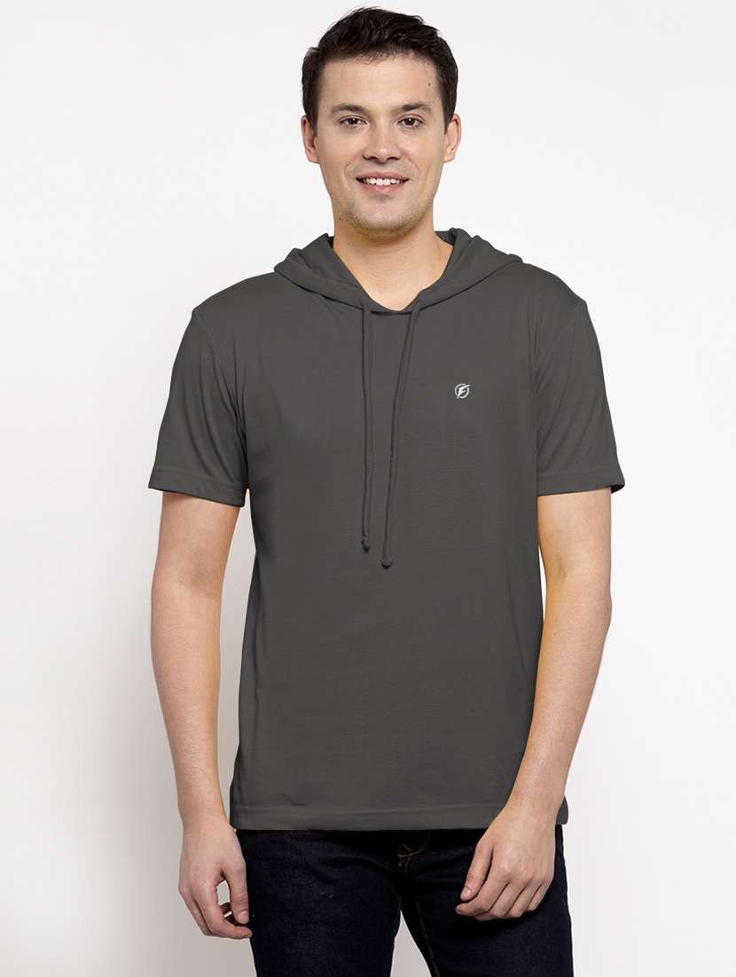 grey solid hooded t-shirt - 18510129 -  Zoom Image - 0