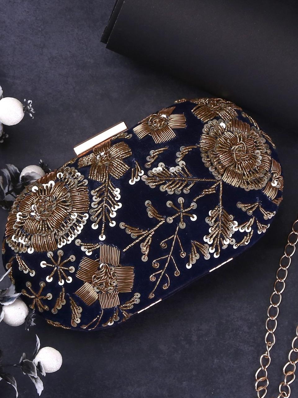 dbfashionvilla navy blue velvet zardozi clutch - 18510164 - Standard Image - 2