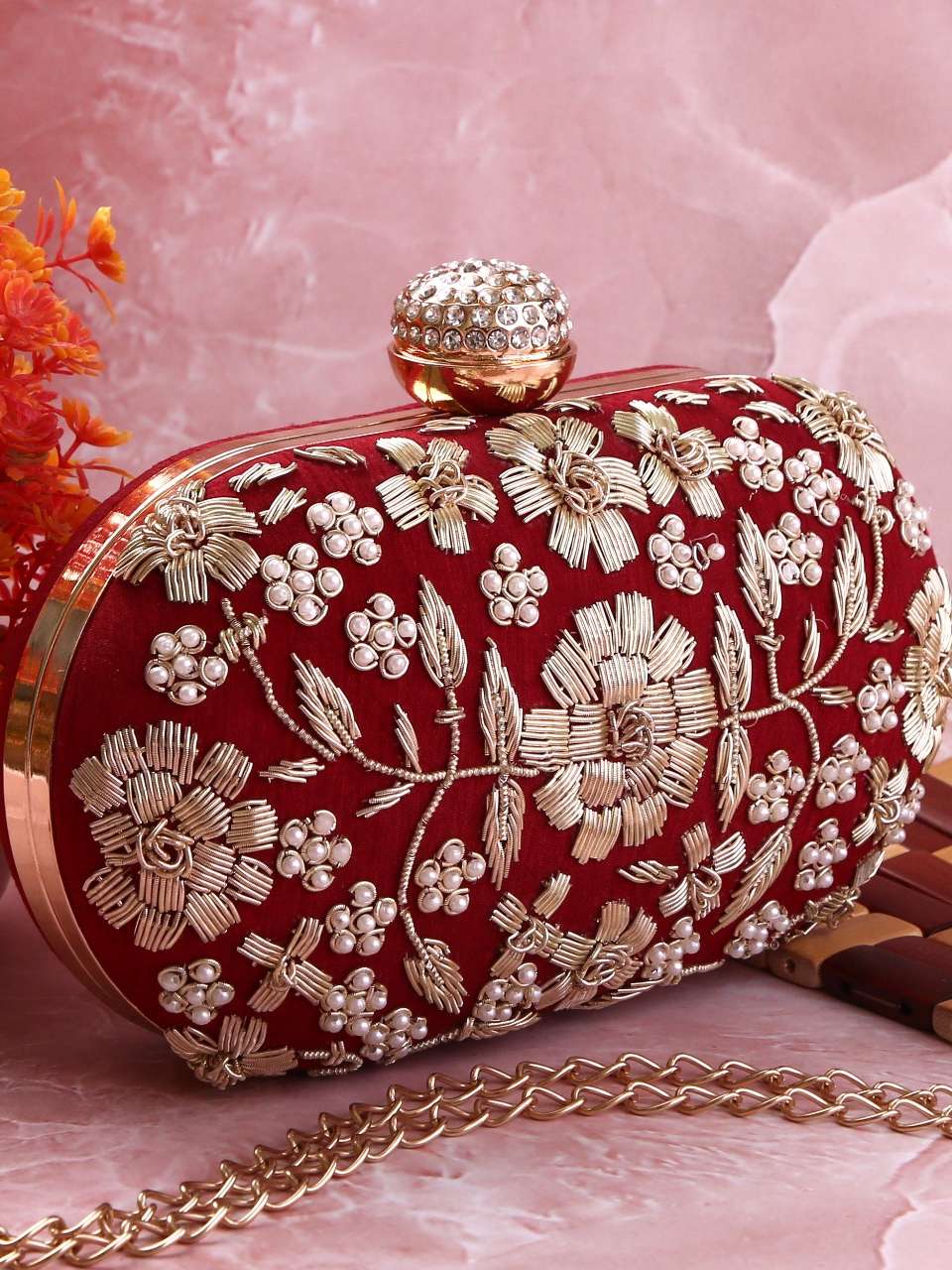 dbfashionvilla red oval zardozi clutch box - 18510185 - Standard Image - 2
