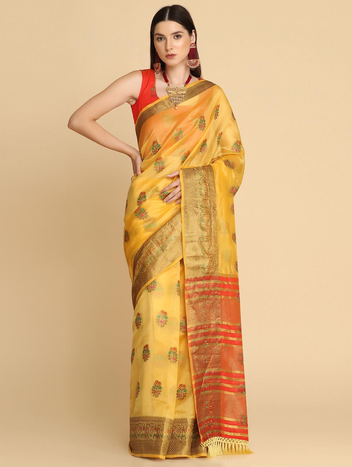 embroidered woven saree with blouse