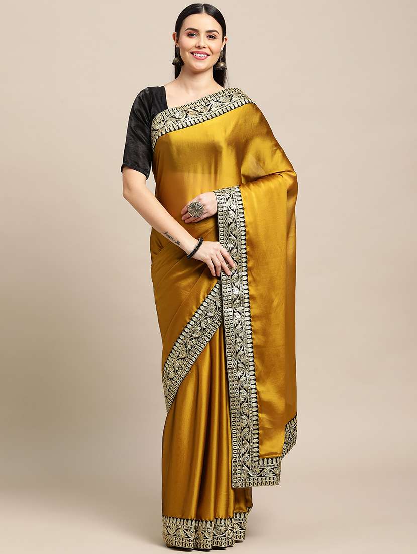women's bordered mustard colored saree with blouse