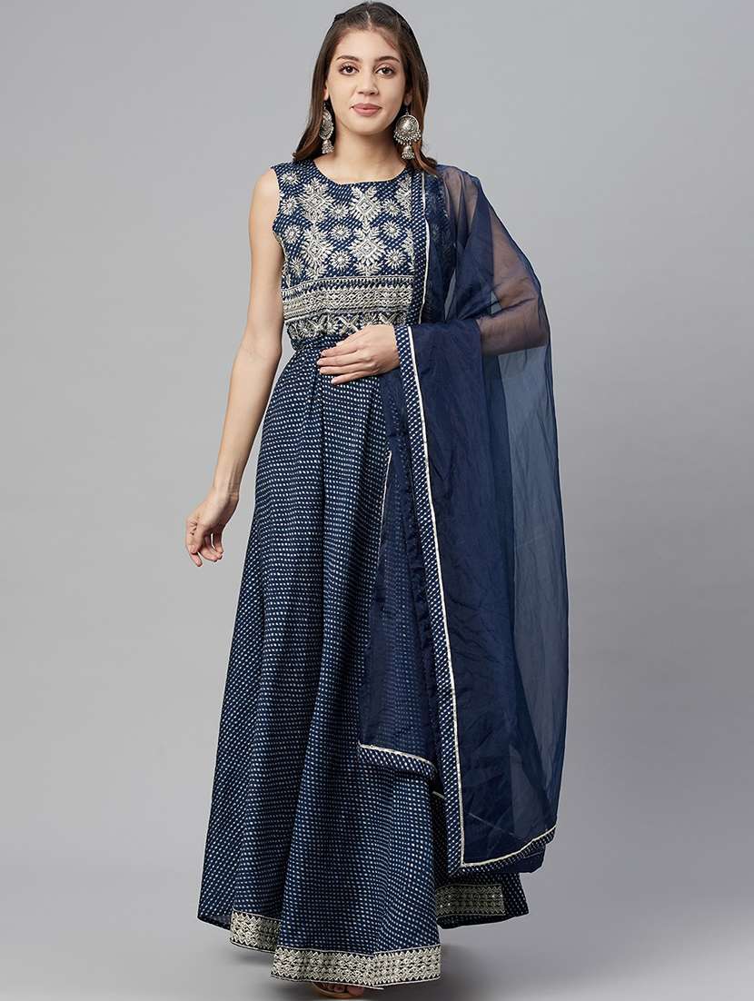 printed kurta with mirror and embroidery work and organza dupatta