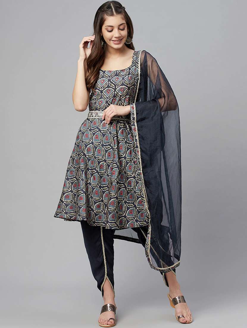 mirror work kurta & bottom with organza dupatta