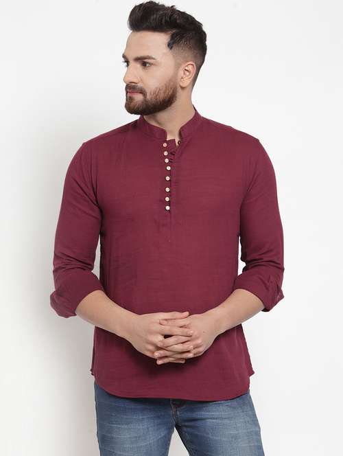 maroon solid short kurta - 18517718 - Standard Image - 0