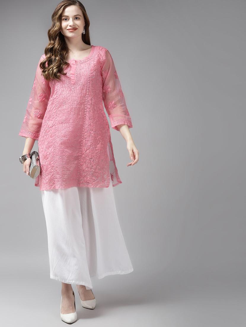 ada hand embroidered pink straight organza lucknowi chikankari kurti with slip - 18518377 - Standard Image - 2