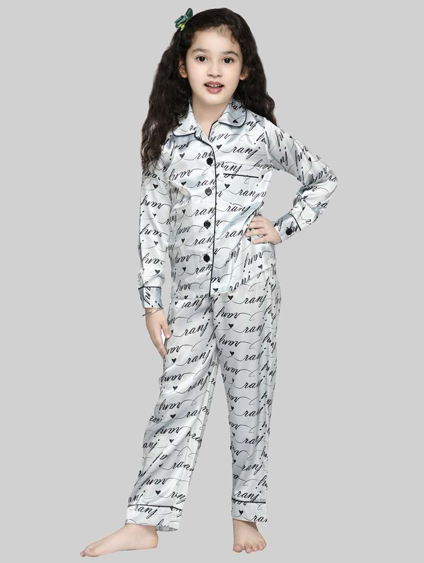 girls shirt collar printed nightwear pyjama set 