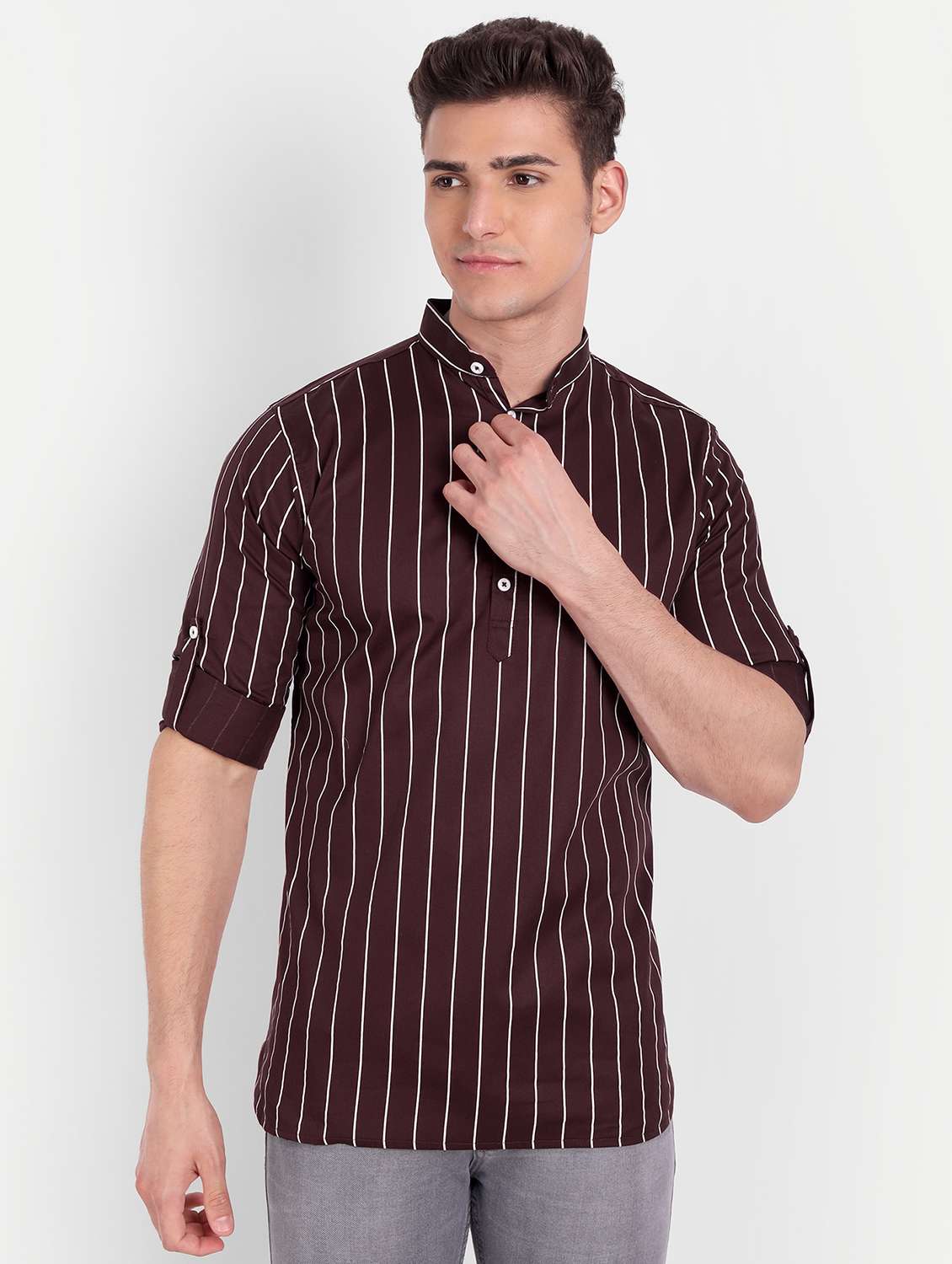 brown striped short kurta