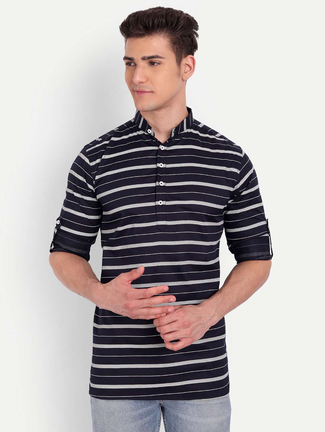 navy blue striped short kurta