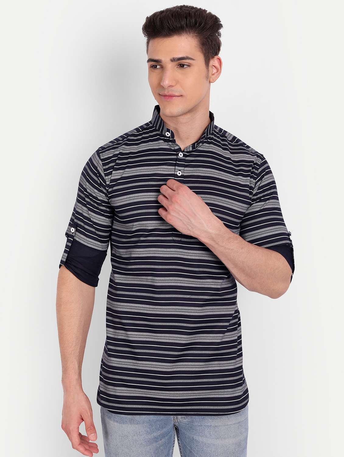 navy blue striped short kurta