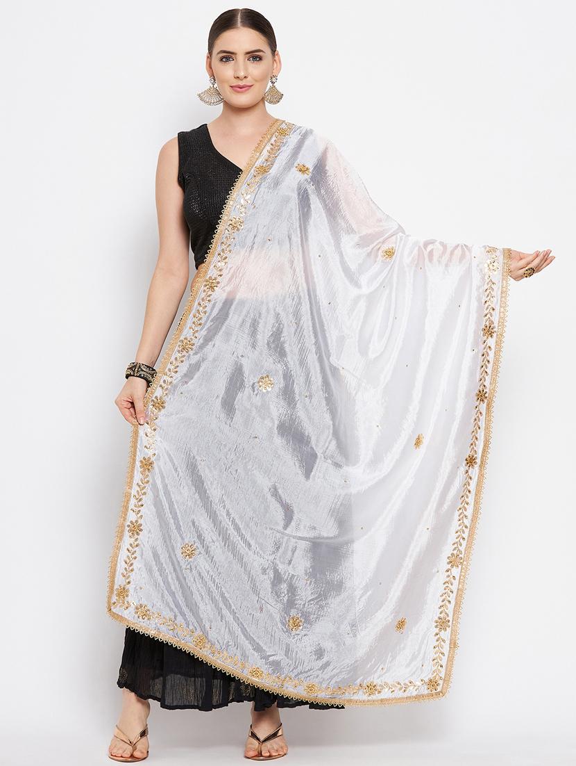 white silk blend dupatta - 18519299 -  Zoom Image - 0