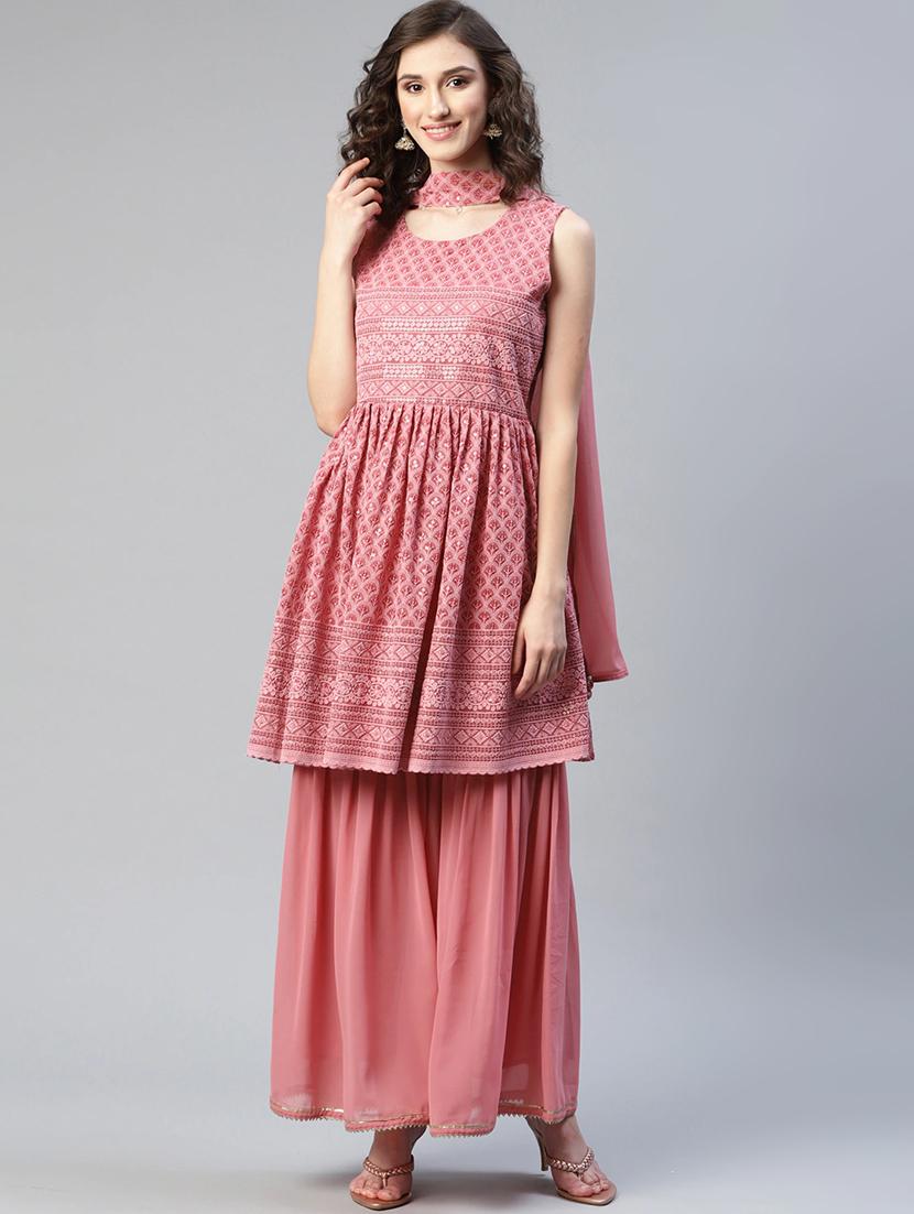 mauve color kurta with thread and sequin work and sharara with dupatta