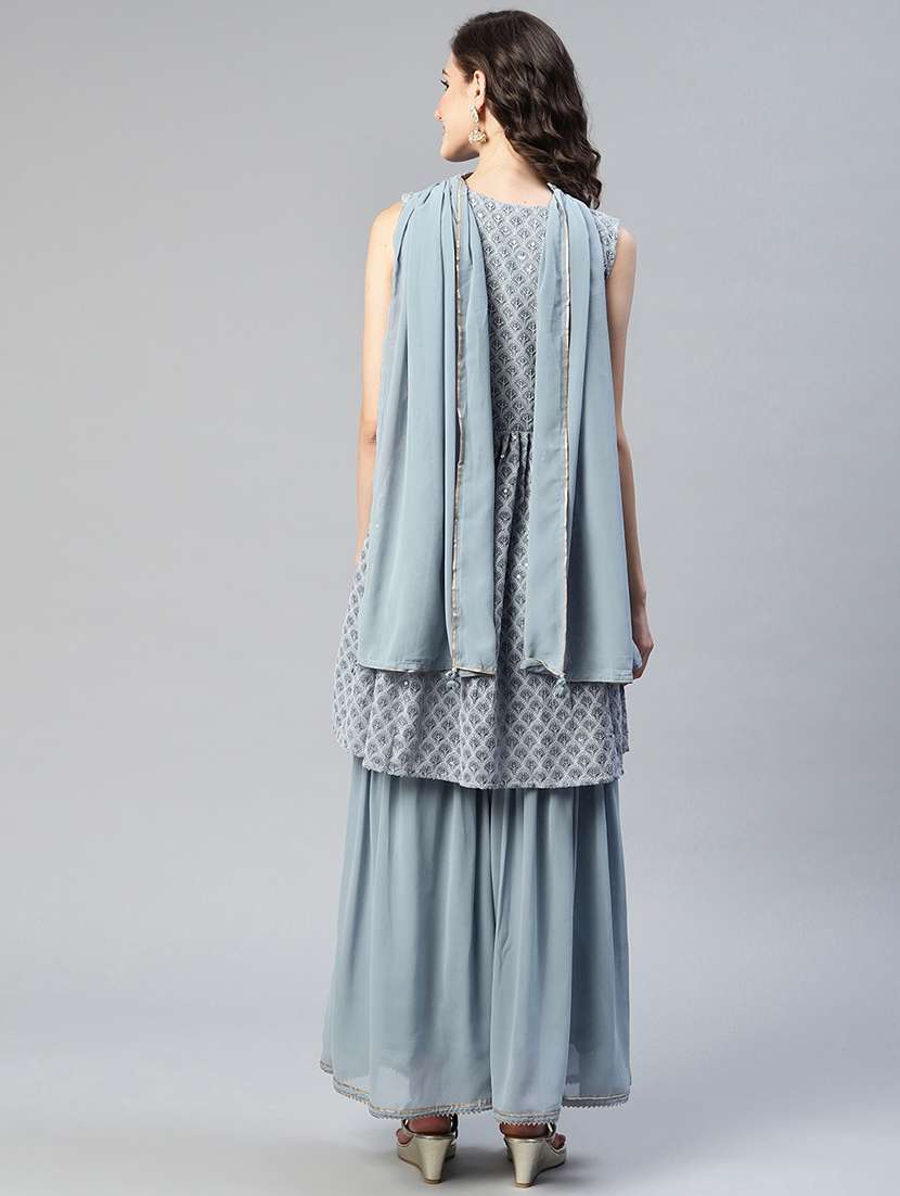 women grey sleeveless kurta sharara with dupatta set - 18519425 - Standard Image - 2