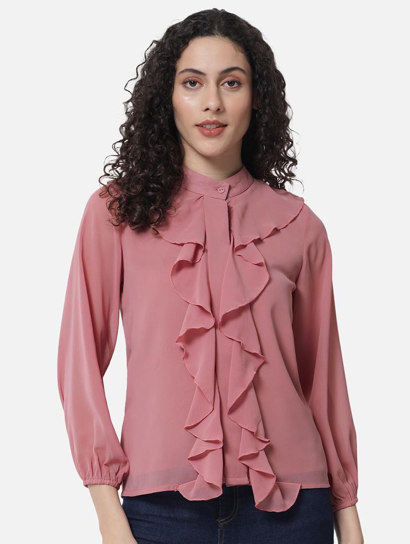 women's ruffle mandarin neck top - 18519547 - Zoom Image - 0