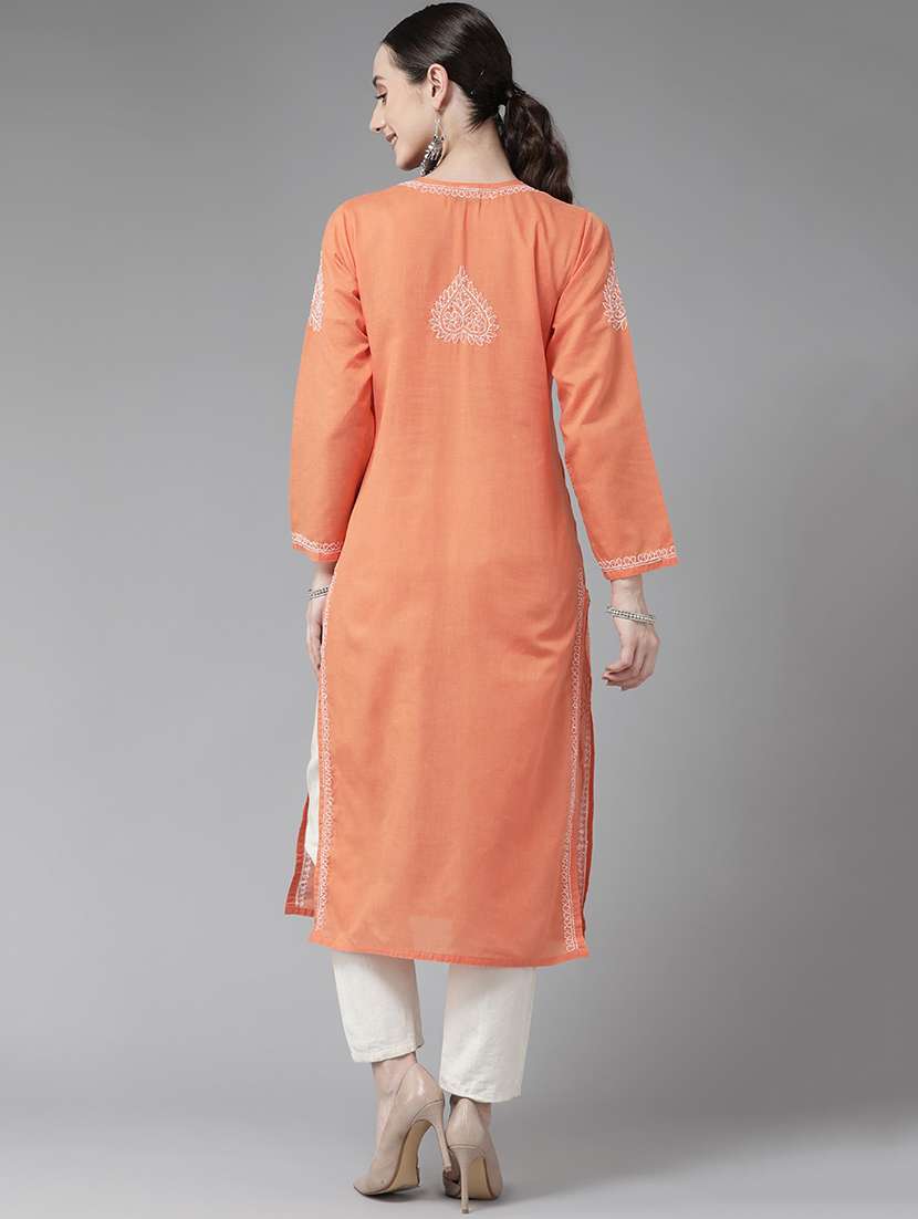 ada hand-embroidered orange cotton straight kurta with chikankari work - 18524131 -  Standard Image - 2