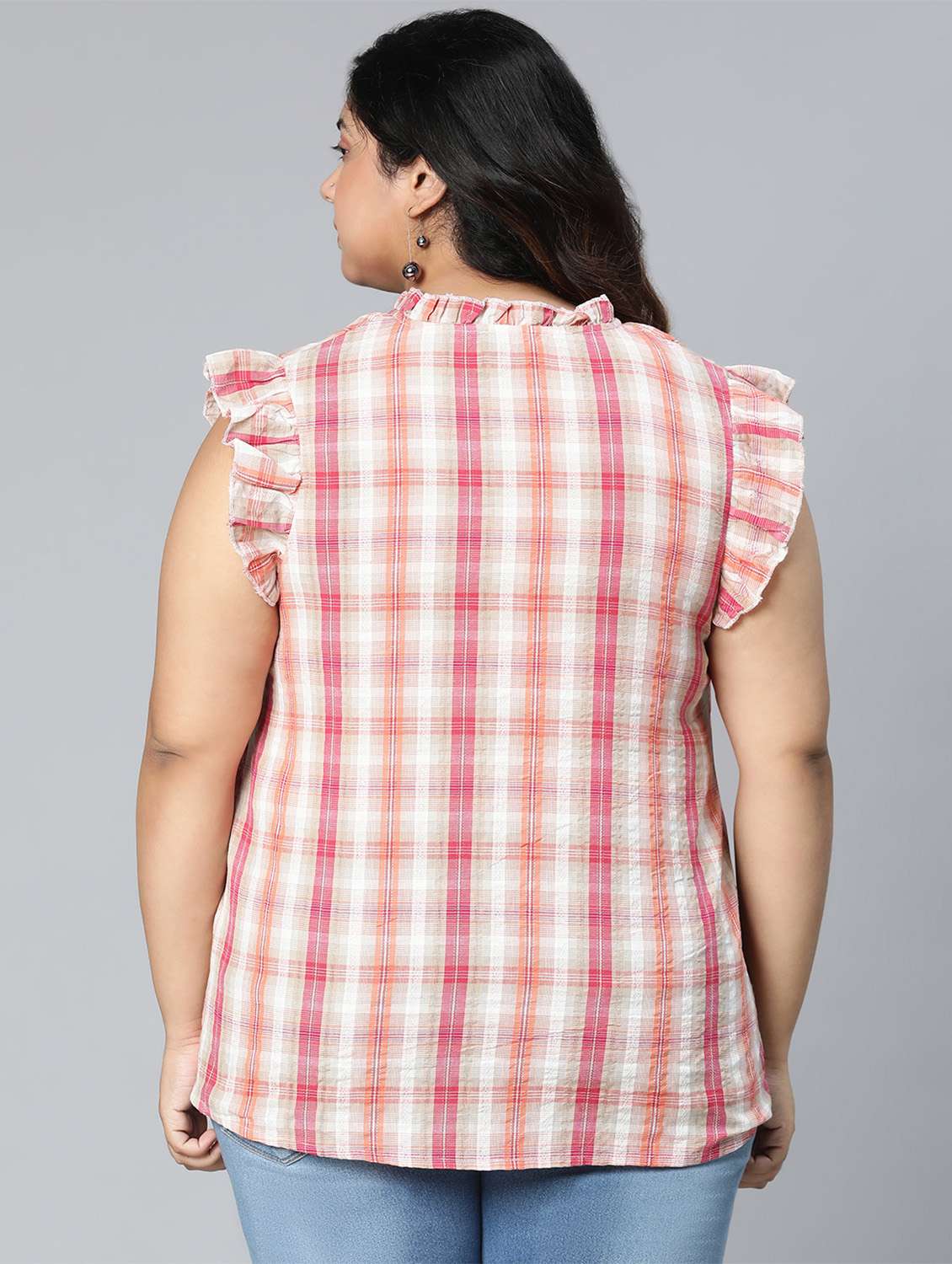 ruffled sleeved checkered plus top - 18524594 - Standard Image - 2