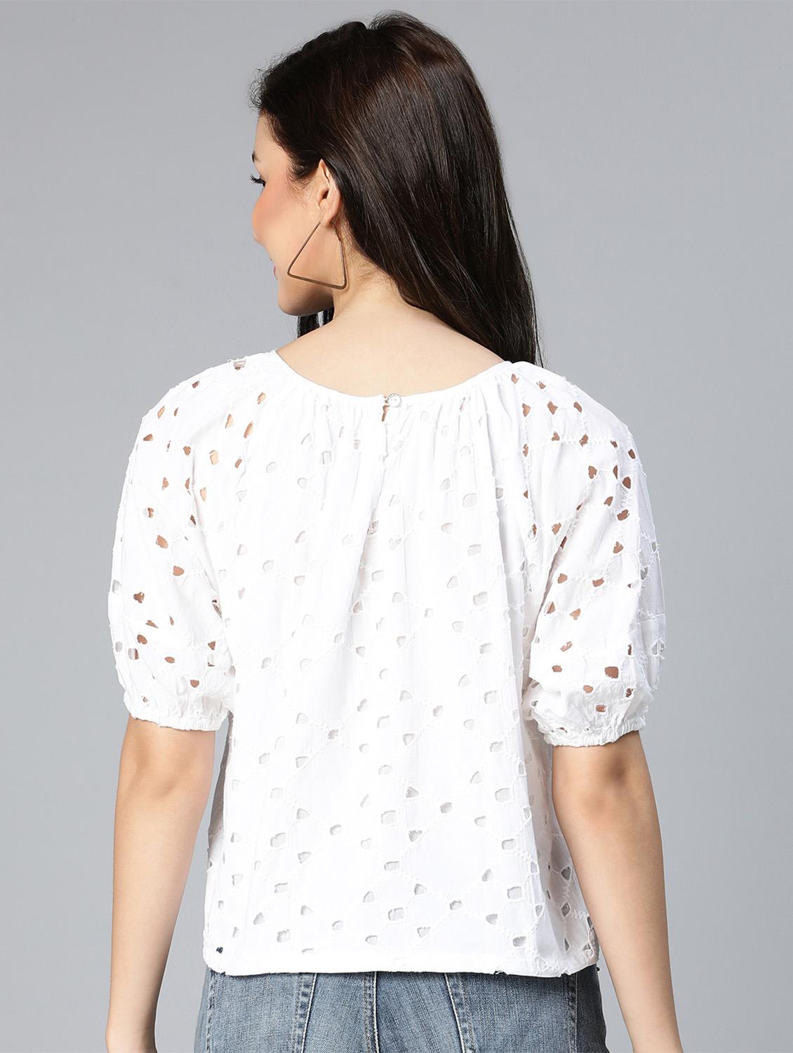round neck schiffli work regular top - 18524612 - Standard Image - 2