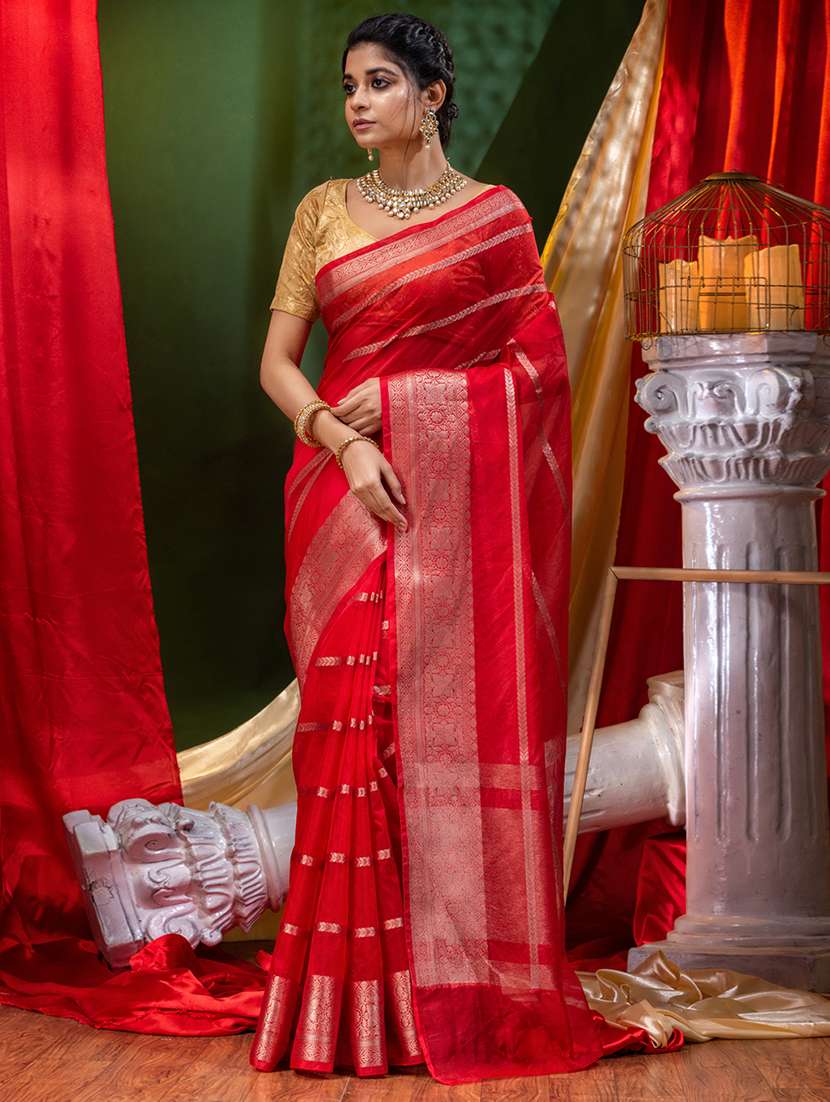 women's self design red colored saree with blouse