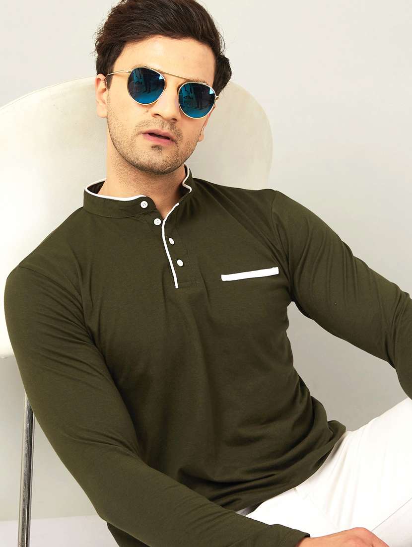 mandarin neck contrast detailed t-shirt
