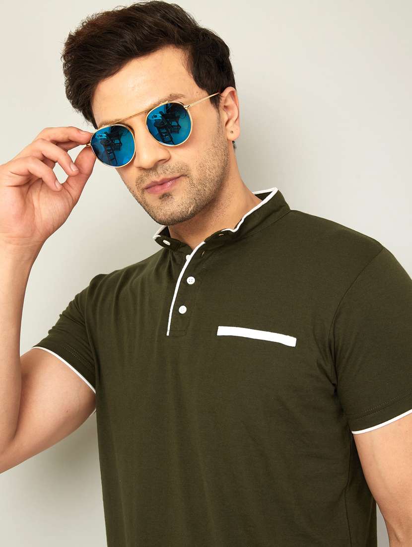 mandarin neck contrast detailed t-shirt - 18528772 -  Standard Image - 2