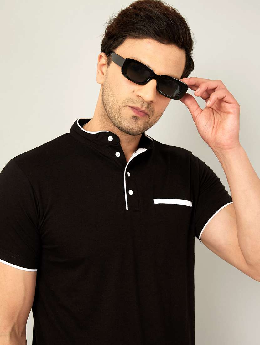 men black slim fit mandarin neck solid t-shirt - 18528773 -  Standard Image - 2