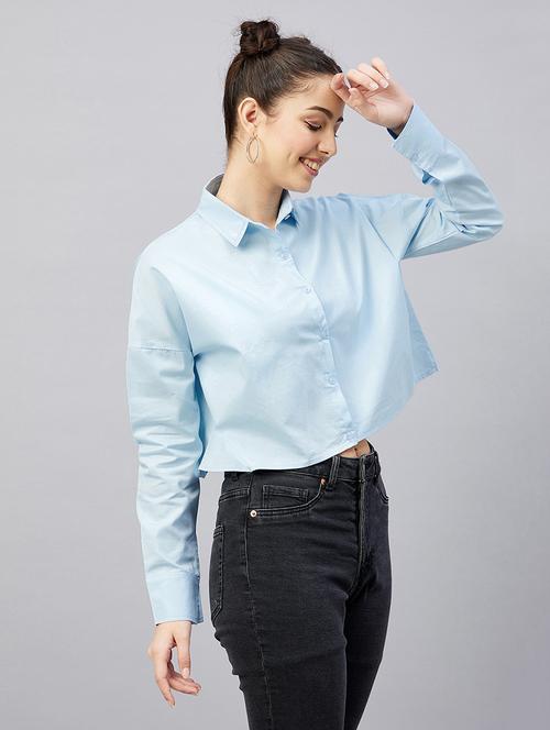 full sleeve solid drop shoulder crop shirt - 18529539 - Standard Image - 0