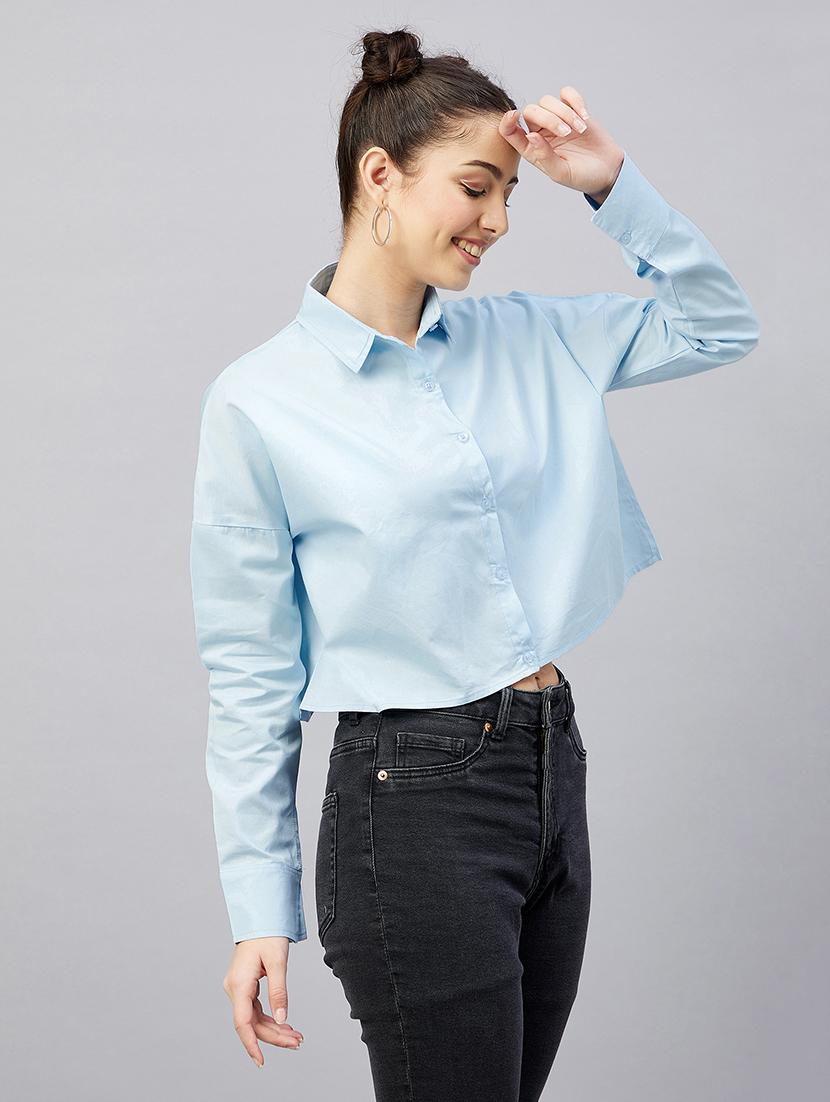 full sleeve solid drop shoulder crop shirt - 18529539 - Zoom Image - 0