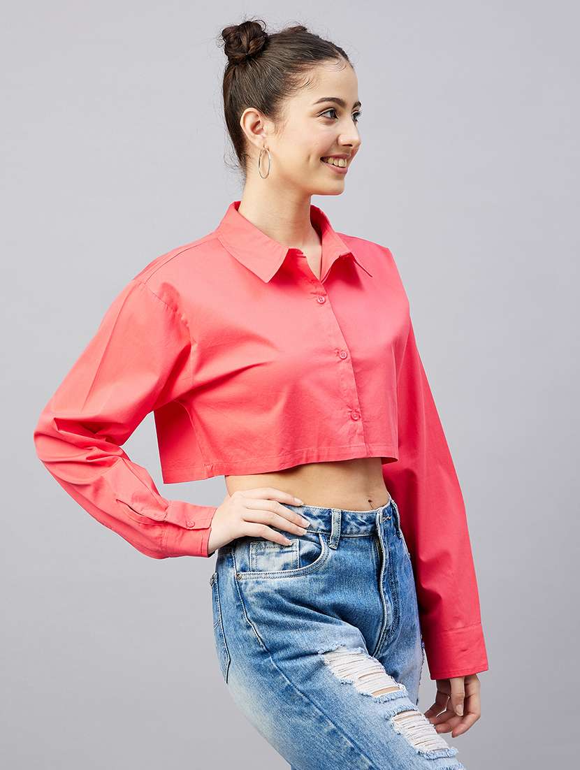 full sleeve solid crop shirt