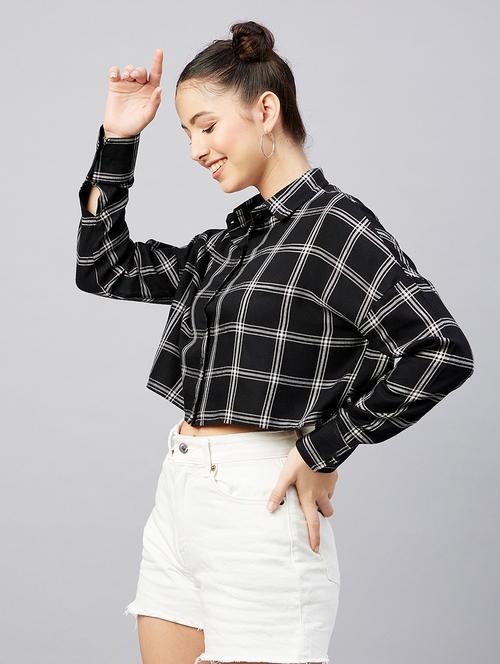 full sleeve checkered drop shoulder crop shirt - 18529546 - Standard Image - 0